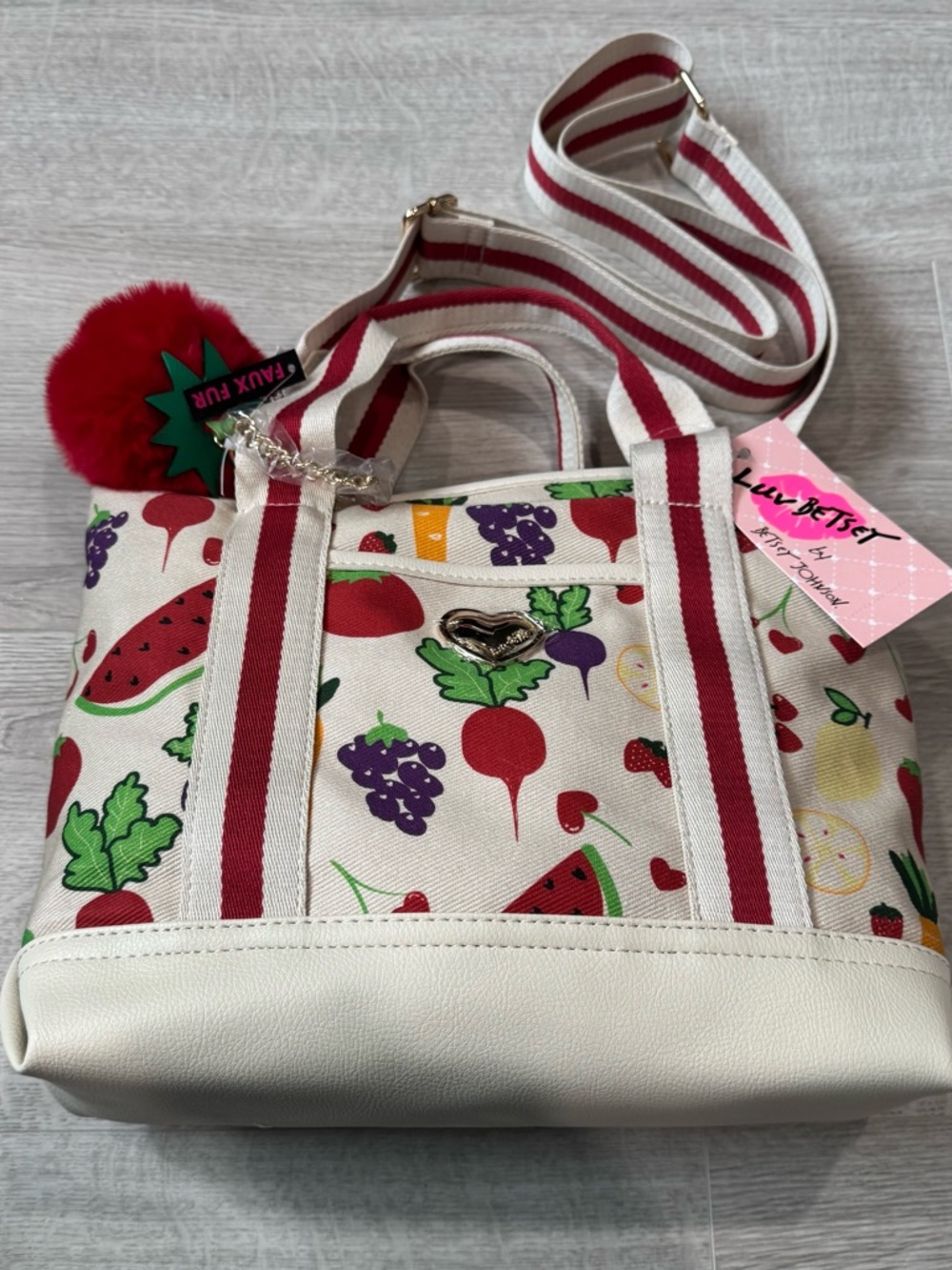 Lulu Betsey White Canvas Fruit Print Tote with Red Straps